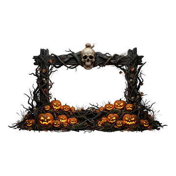 Halloween spooky frame with jackolanterns and skull isolated on transparent background