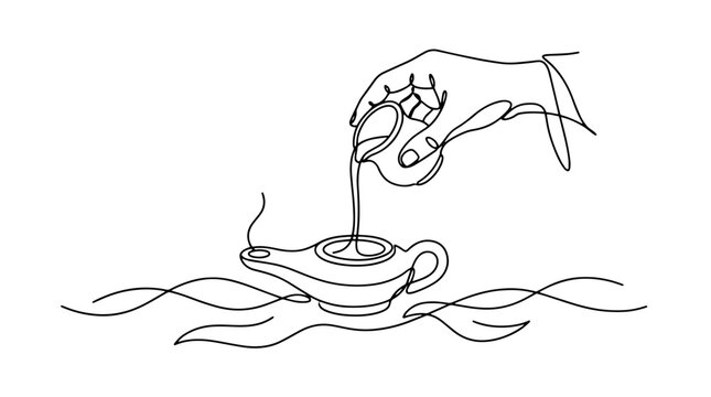 Hand pouring oil into clay lamp continuous line drawing. Parable of the ten virgins theme. Single line art vector illustration
