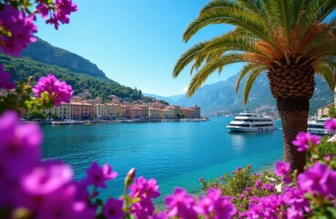 Obraz premium Scenic view of Limone sul Garda town on lake. Colorful buildings line waterfront. Boat sails on blue water. Palm tree and flowers frame picturesque Italian landscape.