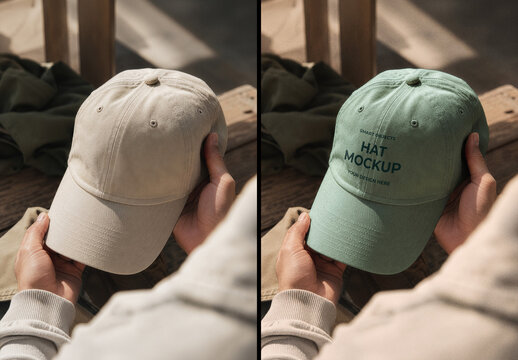 Close-up of Hands Holding a Hat Mockup