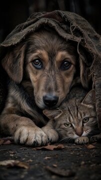 Homeless dog and cat hiding under old sack. Sad abandoned pets waiting for shelter. International Homeless Animals Day concept. Rescue and help for stray animal in cold weather.