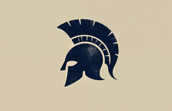 Minimalist black spartan warrior helmet logo on beige background. Graphic icon features vintage texture effect for branding. Bold side silhouette design represents strength power protection, fighting