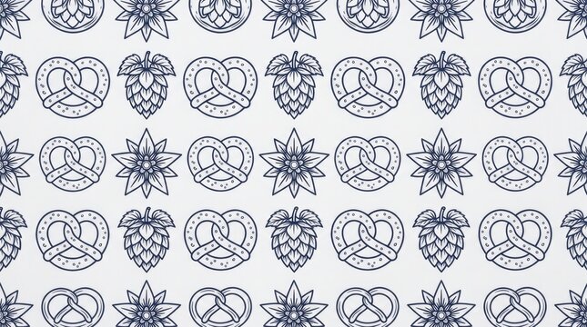 Beer themed background with pretzels and hop cones in a repeating line formation