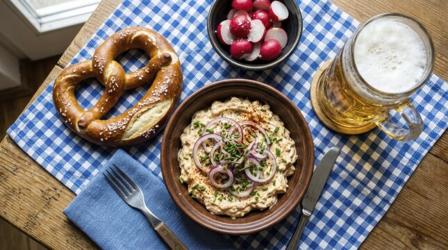 Bavarian Obatzda cheese dip served with a salty pretzel and beer on a checkered tablecloth