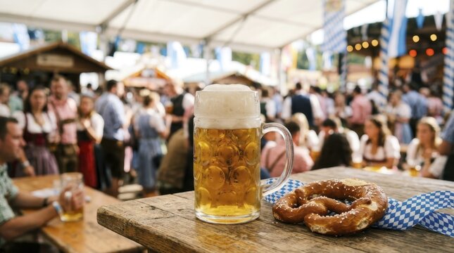 Glass of lager beer and a salty pretzel on a wooden table at a folk festival tent