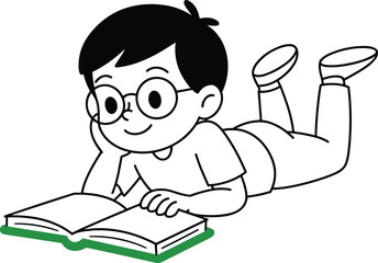 Cute little boy wearing glasses reading a book while lying on floor for elementary education and learning concept