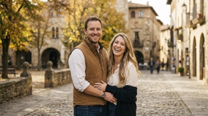 Fototapeta premium Happy couple embracing on a historic stone village street during autumn