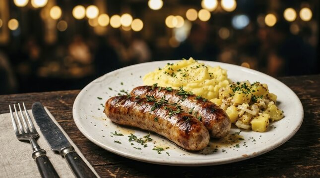 Grilled pork sausage served with creamy mashed potatoes and sauteed onion side dish