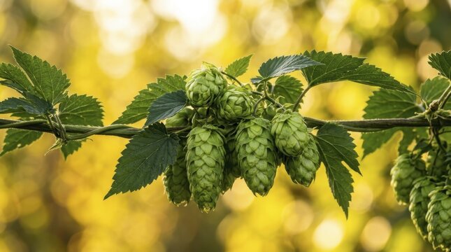 Fresh green hop cones growing on a vine against a blurred golden sunset background