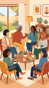 Women participating in an intergenerational mentorship circle, sharing knowledge and experience, warm and inclusive atmosphere, 2D flat vector illustration, International Women's Equality Day