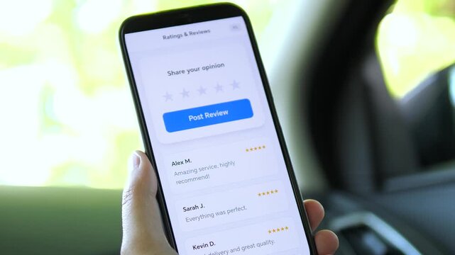 Customer browses ratings and reviews on a smartphone, highlighting digital reputation, social proof and the growing influence of online feedback on buying decisions.