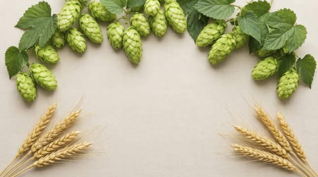 Fresh green hop cones and ripe golden wheat ears arranged as a border on a neutral linen fabric background