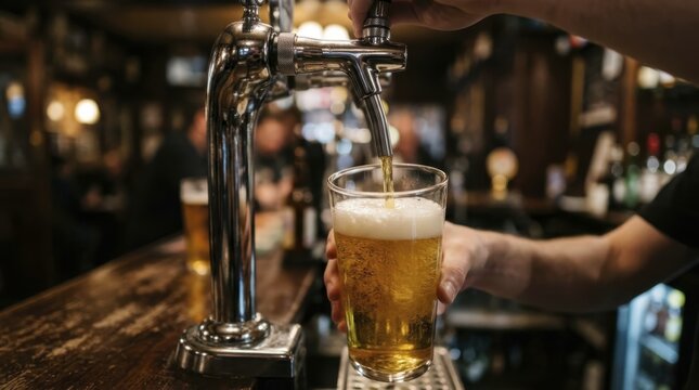 Bartender pouring golden lager beer from a silver draft tap into a pint glass at a local pub