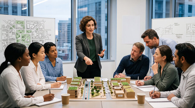 Female architect presenting sustainable urban development plans to a diverse team, International Women's Equality Day concept, modern office environment