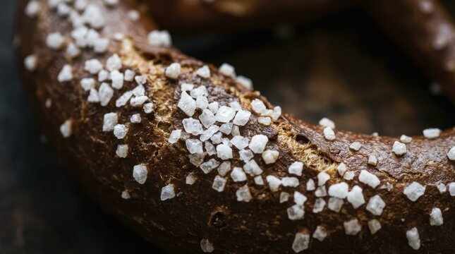Close up of a traditional baked pretzel with large coarse sea salt grains on a dark surface