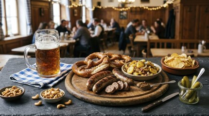 Fototapeta premium Traditional German pub meal with beer sausage pretzel and fried potatoes on wooden platter