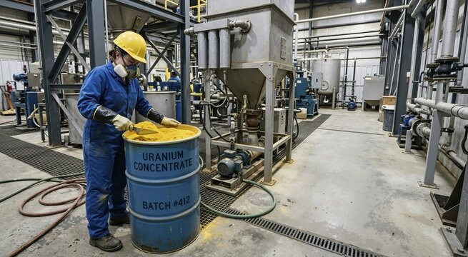 Industrial worker scooping yellowcake uranium concentrate from a barrel. Professional in protective gear handling radioactive material in a processing plant