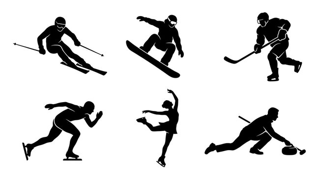 Set of black silhouettes of athletes participating in various winter sports and olympic games