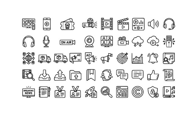 Professional Media Communication Outline Icons for Streaming Content Creation and Digital Publishing