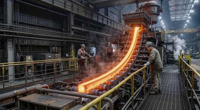 Glowing red hot steel bloom on a continuous casting line in a heavy industrial mill. Workers in safety gear monitoring the metal manufacturing process