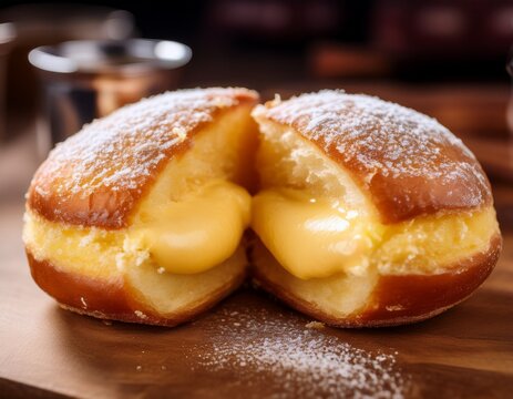 a custard filled doughnut sliced in half with creamy center visible under soft bakery lighting