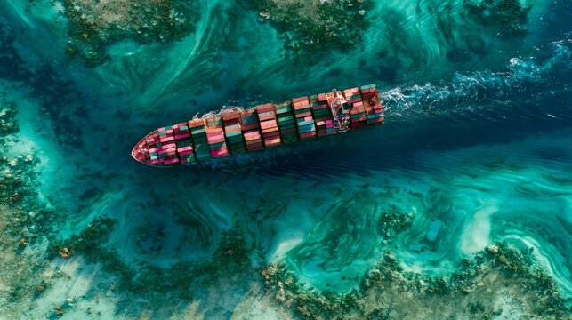 Cargo ship moving through clear water near coral reef during daytime