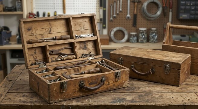 Vintage wooden tool boxes with compartments on rustic workbench. Open case with old hand tools in carpentry workshop