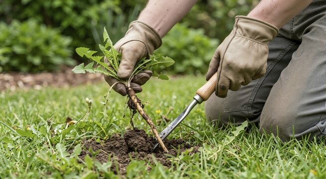 Gardener wearing leather gloves using a weeding tool to extract a dandelion root from the lawn. Manual weed removal and garden maintenance