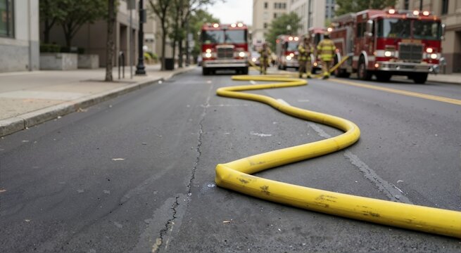 Yellow fire hose laid across an asphalt city street. Emergency response scene with blurred fire trucks and firefighters in the background