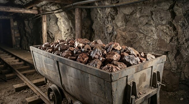 Rusty metal ore cart filled with copper rocks on tracks. Underground mining tunnel with wooden support beams