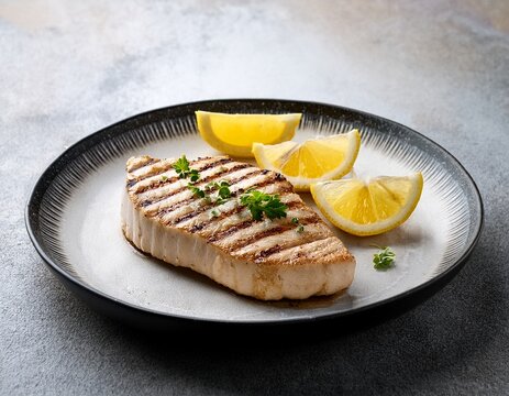 grilled swordfish steak with lemon accent light stone tabletop