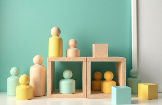 Natural wooden peg dolls stand on white surface against green wall. Montessori educational toys include pastel yellow, mint figures in square shelf storage units. Childhood games promote creative