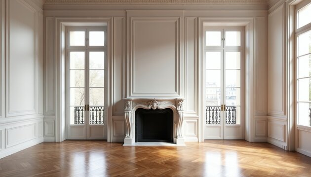 Empty luxury room with classic white wall panels, wooden herringbone parquet floor. Large French windows provide bright natural sunlight in elegant Parisian interior. Ornate marble mantel fireplace
