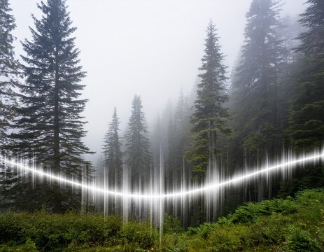 misty forest landscape with tall evergreen trees is overlaid with ethereal ambient soundscape represented by soft white echo waveform scene evokes sense of tranquility and mystery