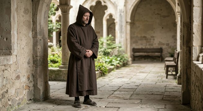 Bearded man in a brown monk robe and hood standing in a stone cloister. Friar in traditional religious garment in a monastery courtyard