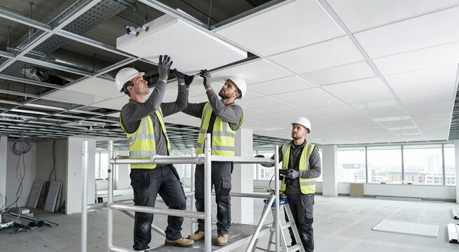 Construction workers installing white radiant ceiling panels in a modern office. Men in hard hats and high visibility vests working on scaffolding. Commercial building HVAC system installation