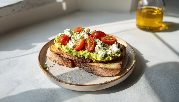 toasted sourdough layered with smashed avocado crumbled feta cheese cherry tomatoes and oregano sprinkled lightly on top presented on a marble breakfast counter with bright natural sunlight