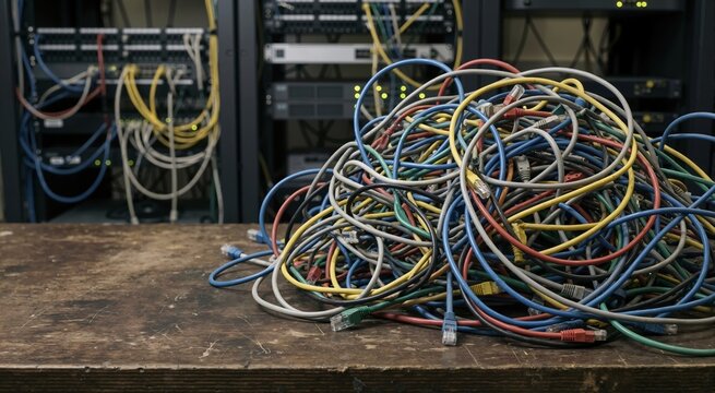 Messy pile of tangled colorful ethernet cables on a wooden table. Disorganized network wires with server rack in background