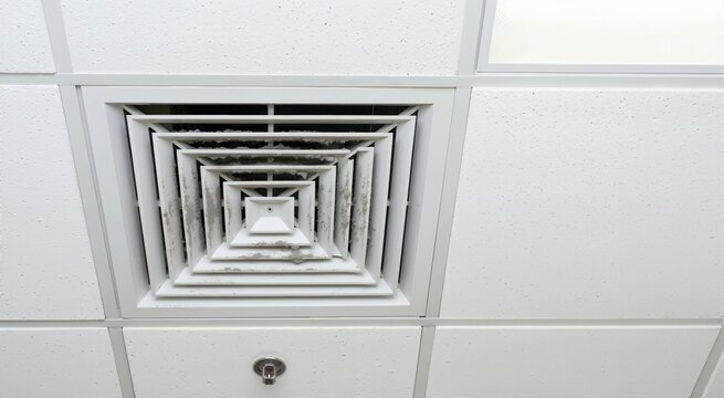 Dirty return air grille covered in thick dust on a drop ceiling. HVAC ventilation system requiring maintenance and cleaning