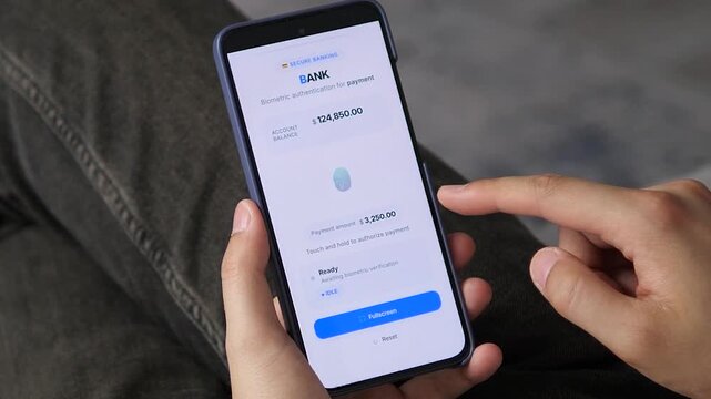 User authorizes a high-value mobile payment with biometric verification, highlighting secure digital banking, fraud prevention and the rise of seamless cashless finance.