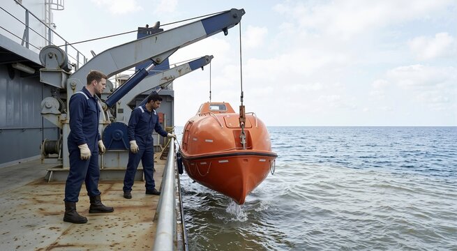 Two maritime workers lowering an orange lifeboat into the ocean. Crew operating a davit crane on a ship deck for emergency preparedness
