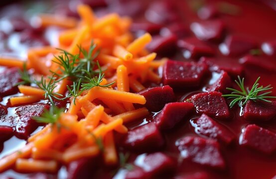 Close up of diced beets and shredded carrots in liquid. Garnished with fresh dill sprigs. Vibrant red and orange colors create a healthy food pattern. Ready to serve.