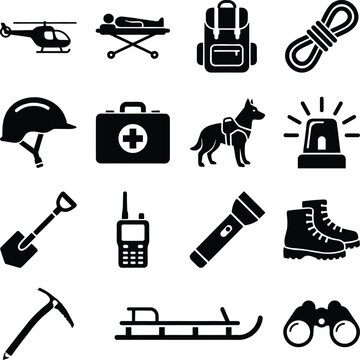 Search and Rescue Emergency Response Silhouette Icon Set with Survival and Safety Equipment