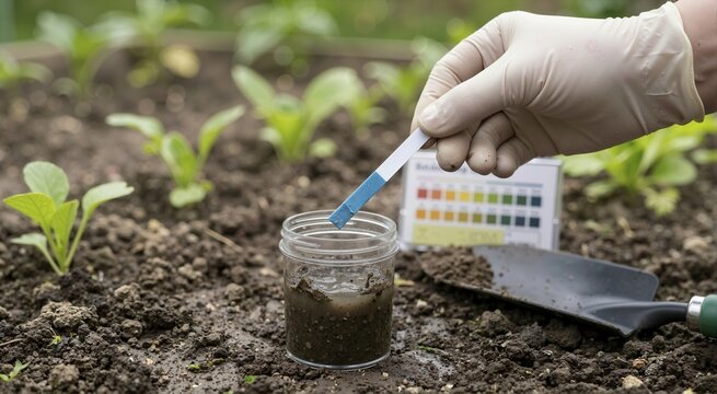 Gloved hand holding a blue soil pH test strip over a sample jar. Agronomist checking soil acidity in a garden