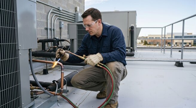 Male HVAC technician brazing copper pipes on a commercial rooftop. Professional worker repairing air conditioning unit with a welding torch. Industrial heating and cooling maintenance