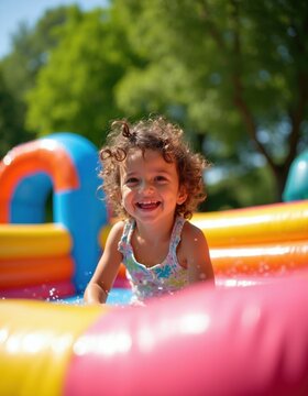 Little girl with curly hair laughs in colorful inflatable water bouncy castle at summer park. Happy toddler jumps, plays inside fun backyard attraction. Cute child enjoys activity outdoors on sunny