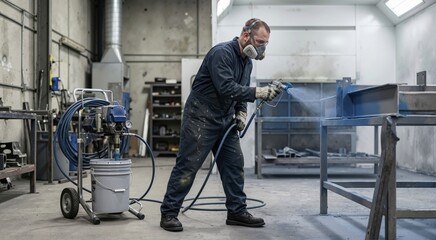 Obraz premium Industrial worker using a high pressure paint sprayer on a metal beam. Man wearing a respirator mask and safety gear applying blue coating in a factory workshop. Airless painting equipment