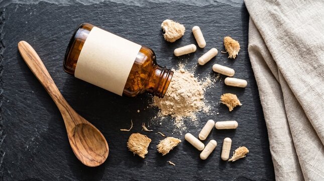 Natural lion mane mushroom dietary supplement capsules and herbal powder spilled from brown glass bottle on black stone desk.