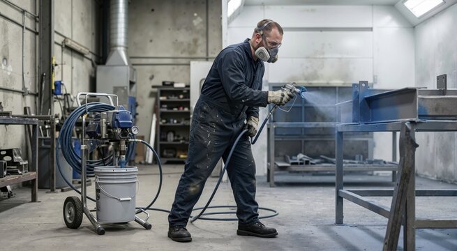 Industrial worker using a high pressure paint sprayer on a metal beam. Man wearing a respirator mask and safety gear applying blue coating in a factory workshop. Airless painting equipment