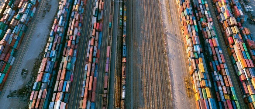 View of cargo containers arranged in rows at a shipping yard during sunset